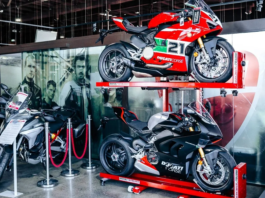 Moto Stacker in a motorcycle dealership